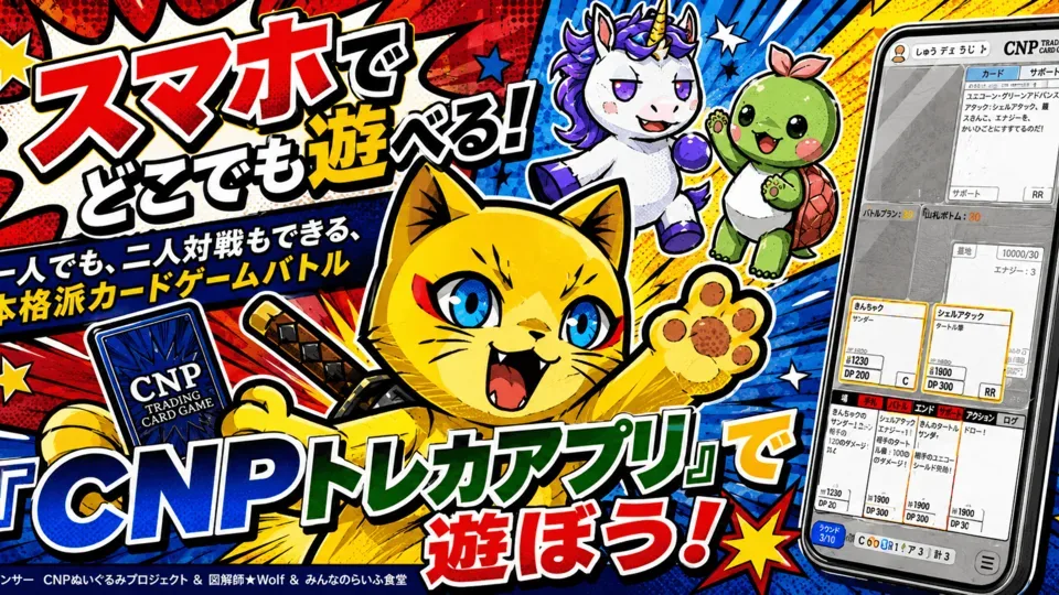 CNPトレカアプリのゲーム画面とキャラクター